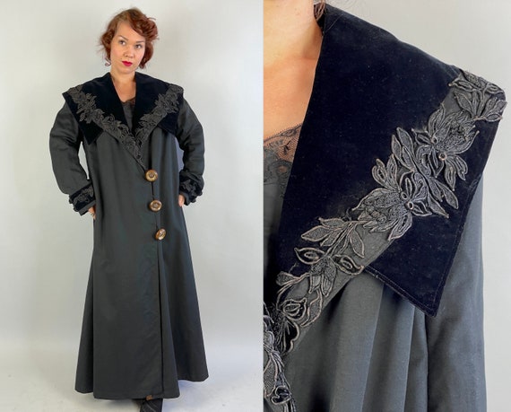 1910's Noble Nouveau Coat | Vintage Antique Teens Black Wool Overcoat w/Velvet Fringe Floral Applique & Unique Buttons | Extra Large XL