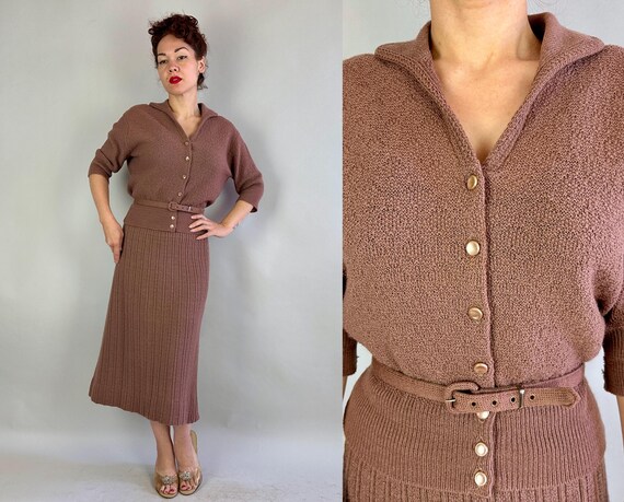 1950s Lovely Latté Knit Ensemble | Vintage 50s Three Piece Tuape Brown Boucle Wool Knit Cardigan Sweater Skirt and Belt Set | Extra Large XL
