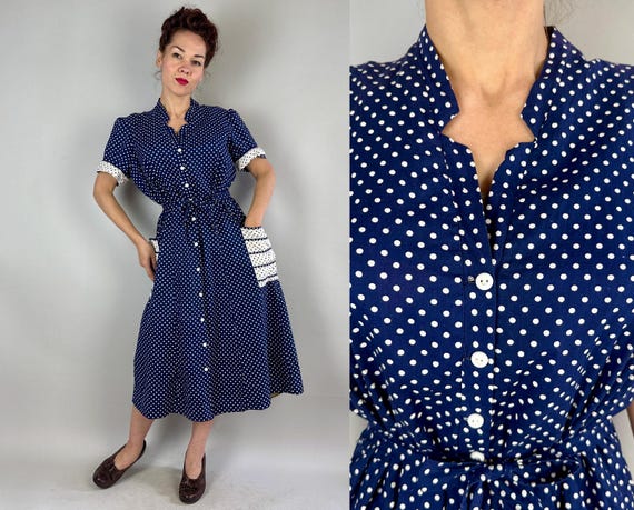 1940s I Love Lucy Dress | Vintage 40s Blue and White Polkadot Cotton Button Up Frock with Big Pockets and Tie Belt | Extra Large XL
