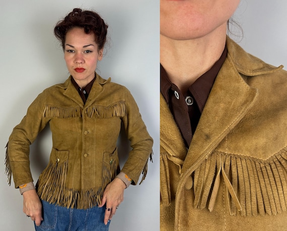 1940s Country Carouser Jacket | Vintage 40s Natural Tan Suede Leather Fringe Western Button Up Short Coat w/Brass Conchos | Extra Small XS