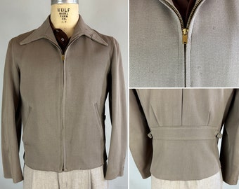 1940s Handy Hank Workwear Jacket | Vintage 40s Taupe Grey Wool Whipcord Zip Up Coat w/Box Pleat Belted Back and Side Buckles | Medium