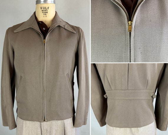 1940s Handy Hank Workwear Jacket | Vintage 40s Taupe Grey Wool Whipcord Zip Up Coat w/Box Pleat Belted Back and Side Buckles | Medium