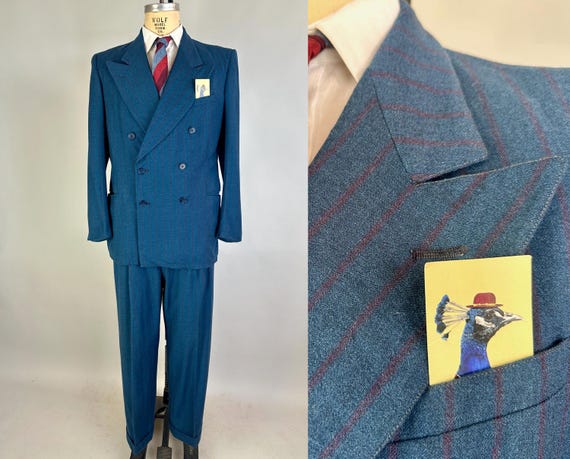 1940s The Real Teal Mens Wool Suit | Vintage 40s Blue and Maroon Striped Blazer and Trousers Two Piece Set | Size 42 Large