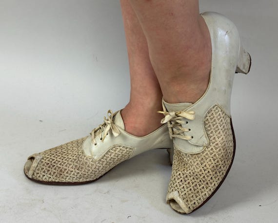 1930s Summer Soiree Shoes | Vintage 30s White Low Heel Diamond Lace Summer Ventilated Leather Oxfords with Peep Toes | Size 11 US