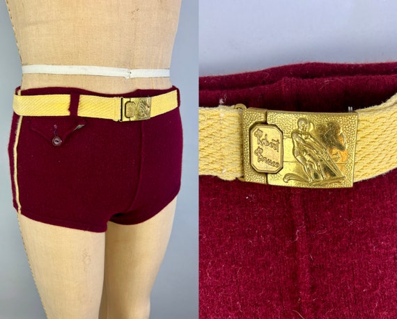 1930s Surf's Up Swimsuit | Vintage 30s Maroon & Yellow Two-Tone Bathing Suit Trunks Swimwear with Surfer Belt by Robert Bruce | Small/Medium