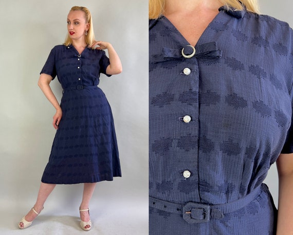 1940s Deep as the Sea Frock | Vintage 40s Navy Blue Day to Night Dress with Rhinestone Buttons and Bow Neckline | Extra Large XL Volup