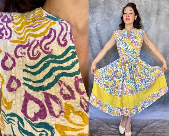 1950s Feel Good Frenzy Frock | Vintage 50s Yellow Purple Turquoise and White Doodles Hearts Seersucker Cotton Fit & Flare Dress | Small