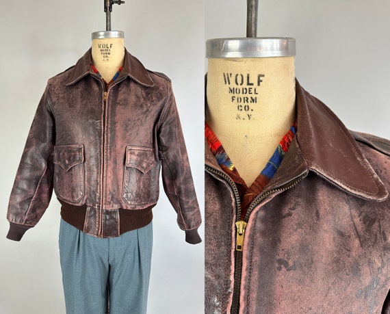 1940s Bomber Bill Leather Jacket | Vintage 40s Mottled Cedar Brown A-2 Flight Coat with Snap Pockets Knit Accents and Quilted Lining | Large