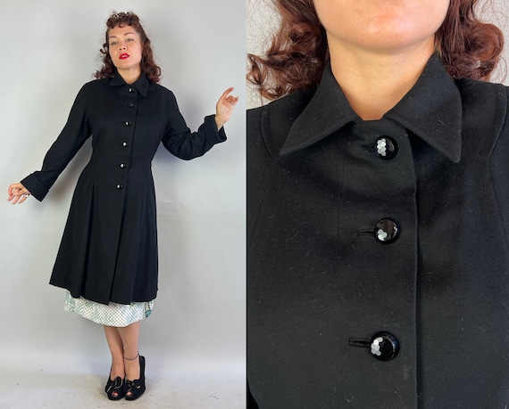 1950s Nevermore "New Look" Coat | Vintage 50s Black Wool Princess Overcoat with Faceted Buttons Pleating and Full Skirt | Small