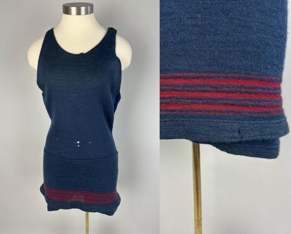 1920s Tina Two Tone Bathing Suit | Vintage Antique 20s Navy Blue Wool Knit One Piece Swimsuit Swimwear with Red Stripes | Medium Large