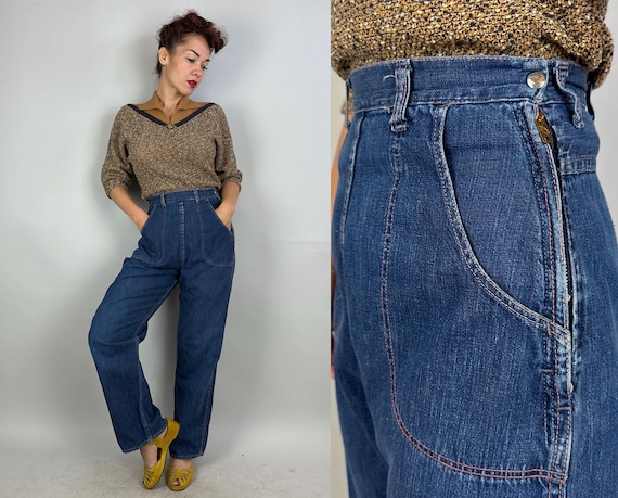 1950s "Jolly" for Jiving Jeans | Vintage 50s Blue Denim Side Zip High Waisted Dungarees Pants w/Orange Top Stitching | Small Extra Small XS