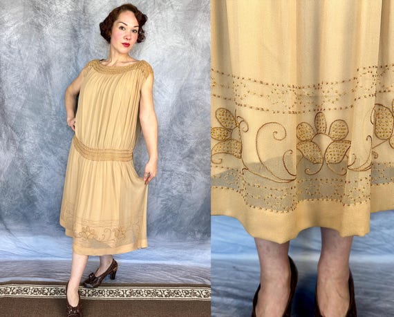 1920s Desert Flower Hungarian Peasant Dress | Vintage 20s Sandy Tan Brown Beige Grecian Silk Chiffon Gown with Floral Embroidery | Medium