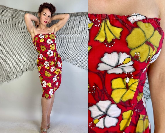 1950s Hibiscus Hottie Dress | Vintage 50s Red White and Yellow Tropical Flower Cotton Strapless Hawaiian Sarong with Side Slit | Medium
