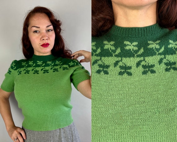 1940s Luck of the Irish Pullover | Vintage 40s Dark and Light Green Color Block Wool Knit Sweater Jumper with Puff Sleeves | Medium Large