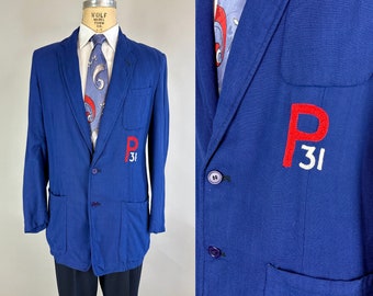 Class of 1931 Reunion Blazer | Vintage '31 Blue Linen Single Breasted Sport Coat w/Red & White Chainstitch Embroidery | Size 38/40 Medium