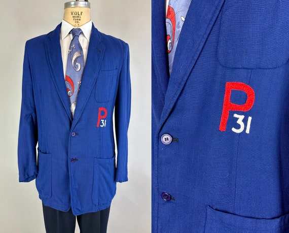 Class of 1931 Reunion Blazer | Vintage '31 Blue Linen Single Breasted Sport Coat w/Red & White Chainstitch Embroidery | Size 38/40 Medium