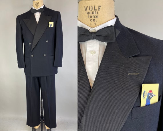 1940s Fastidious Frank Tuxedo | Vintage 40s Peak Lapel Double Breasted Black Wool & Silk Faille Facings Evening Suit Tux | Size 42 Large