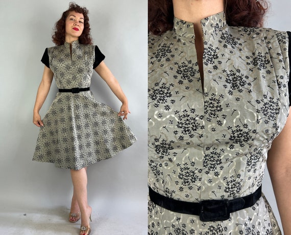 1940s Sassy Shining Dress | Vintage 40s Silver Rayon Floral Brocade Cocktail Party Dress with Black Velvet Accents and Belt | Small