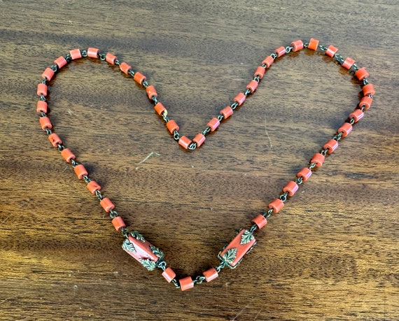 1920s Caressed by Coral Necklace | Vintage 20s Orange Faux Coral Bead Necklace with Brass Chain and Leaf Adornments