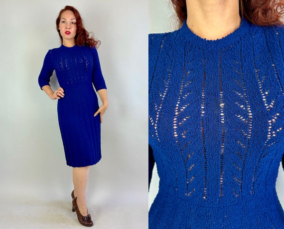 1950s Fabulous Fashionista Knit Dress | Vintage 50s Blue Boucle Wool Knit Frock with Branching Lace Openwork Stitches | Small Medium Large