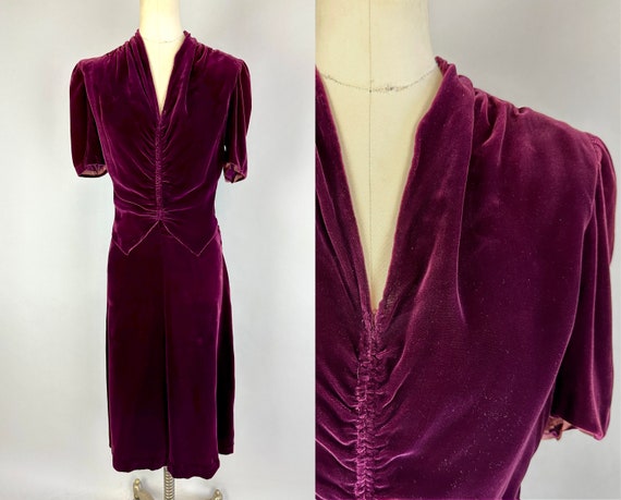 1930s Magnificent Mulled Wine Dress | Vintage 30s Bordeaux Purple Silk Velvet Frock with Puff Sleeves and Center Ruching | Extra Small XS