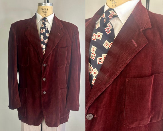 1940s Cool and Casual Corduroy Sport Coat | Vintage 40s Maroon Leather Knot Button Single Breasted Jacket Blazer | Size 44 Extra Large XL