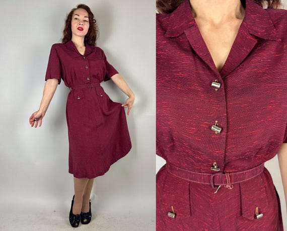 1940s Absolutely Atomic Dress | Vintage 40s Red and Black Slub Fleck Rayon Shirtwaist Silver Button Frock w/Matching Belt | Extra Large XL