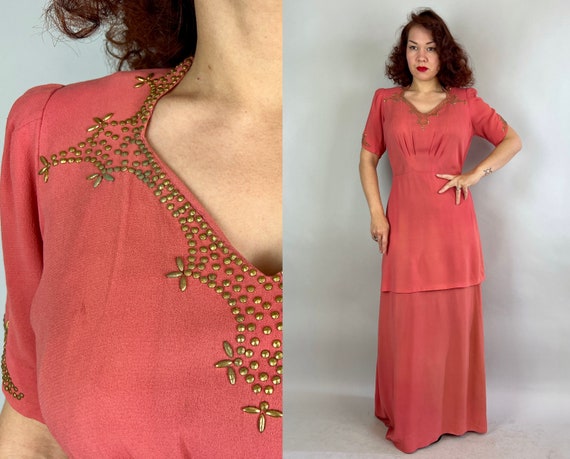 1940s Starlet in Studs Dress | Vintage 40s Coral Pink Rayon Crepe Evening Gown with Brass Studded Sweetheart Neckline | Large Extra Large XL