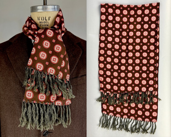 1940s Posh Peter Scarf | Vintage 40s Milk Chocolate Brown Rayon Wrap with Red and White Art Deco Geometric Floral Print and Fringe Trim