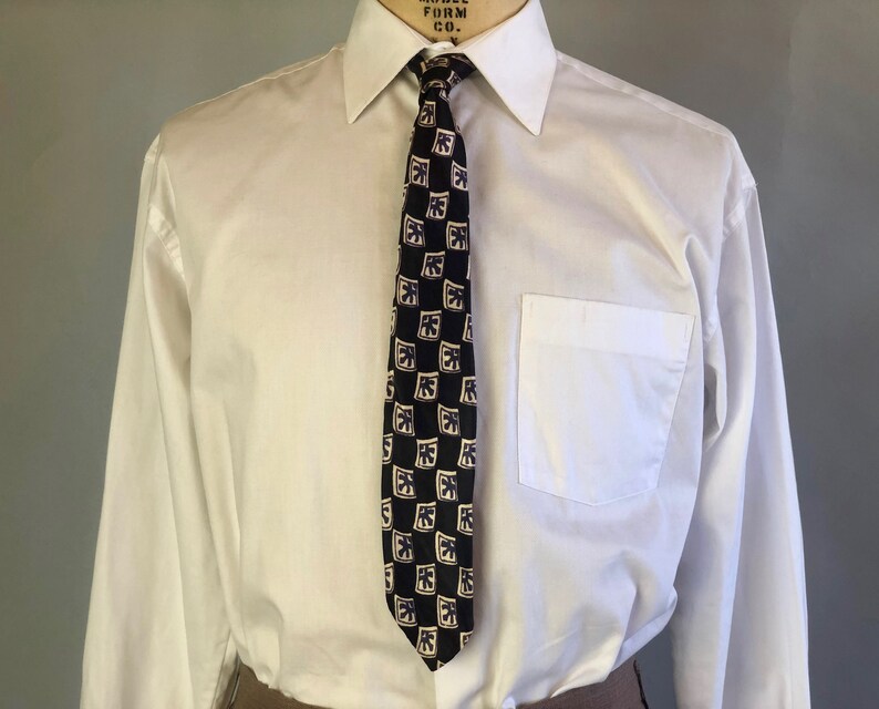 1950s Mens Tiki Design Squares Necktie Vintage 50s Navy Blue Silk with Purple and White Tie by Arrow
