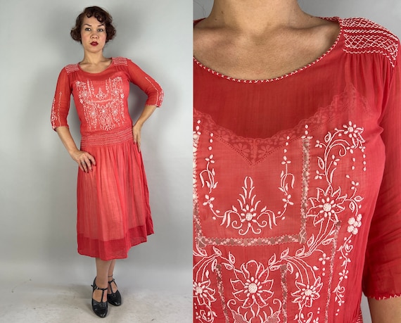 1920s Hungarian Peasant Frock | Vintage 20s Coral Cotton Voile Sheer Dress with White Smocking and Embroidery and Slip | Medium Large