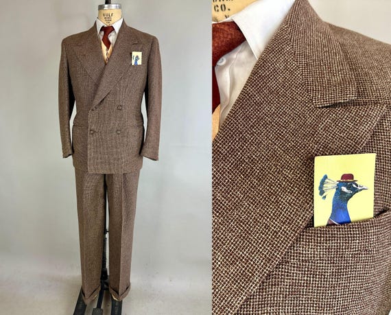 1940s Hollywood Hero Suit | Vintage 40s Brown and White Micro Check Wool Tweed Two Piece Peak Lapel Jacket and Trousers Set | Size 40 Medium