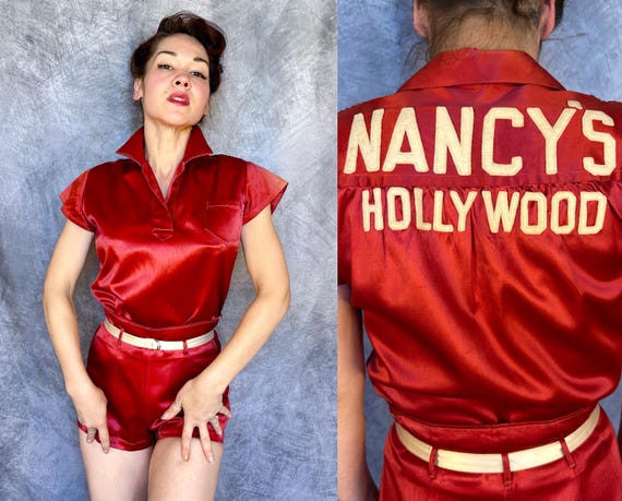 1930s Hollywood Hot Pants Ensemble | Vintage 30s Red Rayon Satin Shirt Leotard Shorts & Belt Set w/White Felt Letter Patches | Small Medium