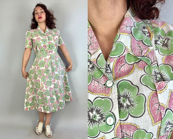 1930s Spring in Your Step Dress | Vintage 30s White Green Pink and Yellow Bold Flowers and Leaves Cotton Button Up Frock with Pocket | Large