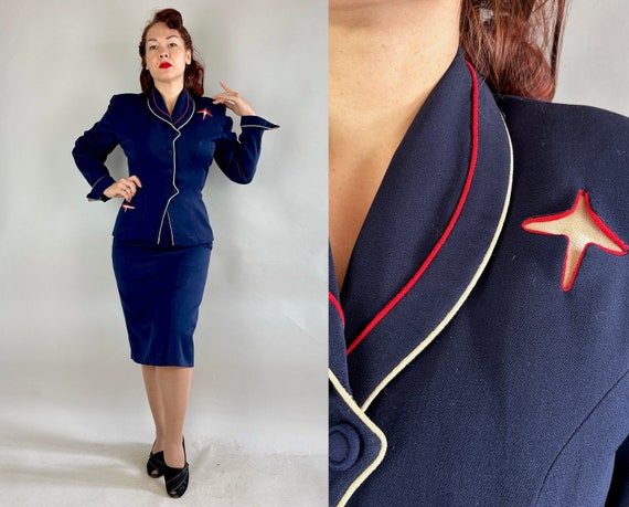 1950s Set to Jet Suit | Vintage 50s “Lilli Ann” Navy Blue Wool Gabardine Jacket Blazer and Pencil Skirt Set w/Red and White Piping | Small