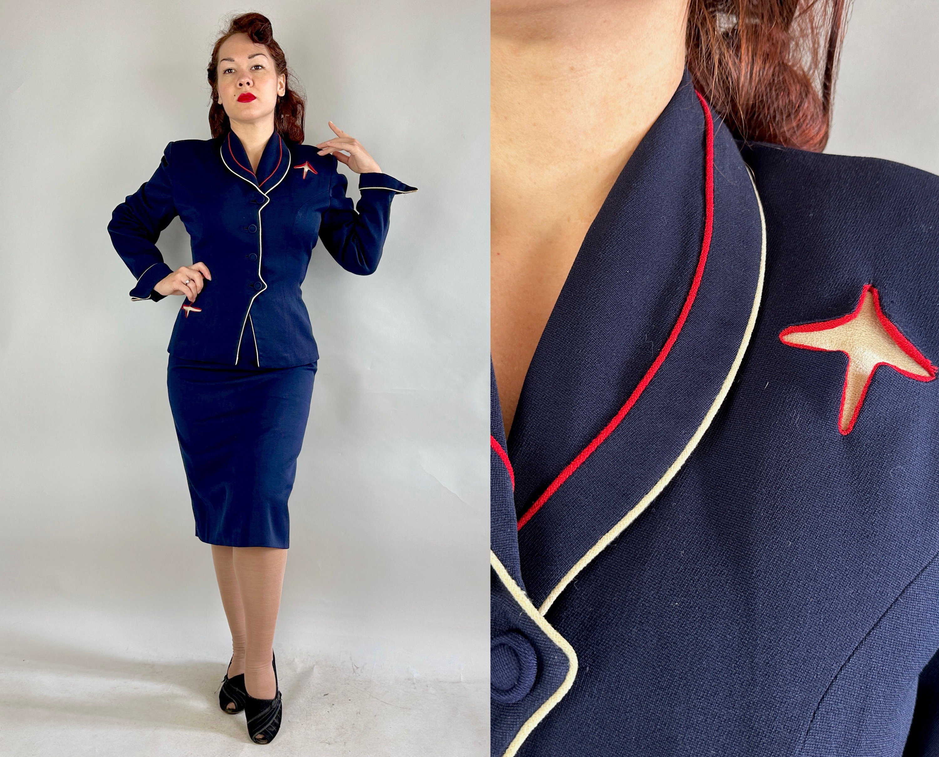 1950s Set to Jet Suit Vintage 50s lilli Ann Navy Blue Wool Gabardine Jacket Blazer and Pencil Skirt Set W red and White Piping Small Etsy