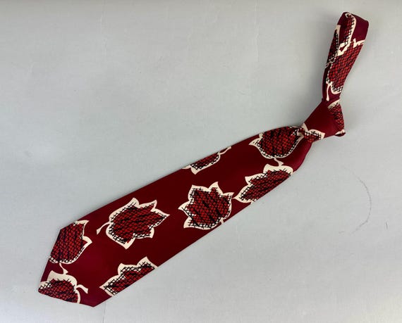 1940s Marvel at the Maples Necktie | Vintage 40s Autumn Leaves Silk Self Tie Cravat in Maroon White Black and Brick Red