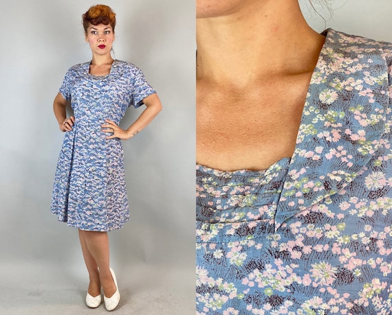 1940s Springtime Lake Dress | Vintage 40s Slate Blue with Pink Green and White Flowers Print Rayon Frock w/Pleated Neckline | Extra Large XL