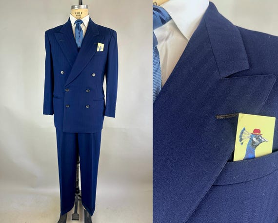 1940s Blue Moon Suit | Vintage 40s Azure Blue Wool Herringbone Two-Piece Peak Lapel Double Breasted Jacket and Trousers Set | Size 38 Medium