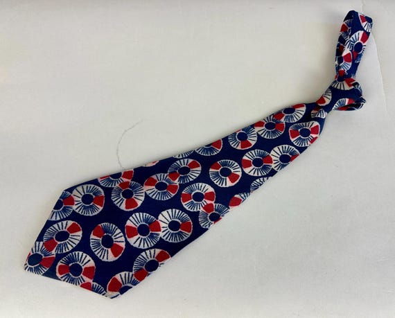 1940s Life Saver Necktie | Vintage 40s Navy Blue Silk Crepe Self Tie Cravat with Circular Nautical Life Preserver Floats with Red Stripes