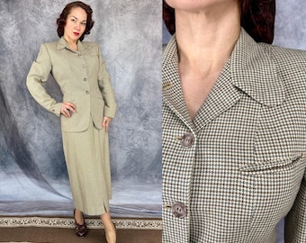 1940s Standing on Business Blazer & Skirt Set | Vintage 40s Houndstooth Wool Two Piece Womens Suit | Medium