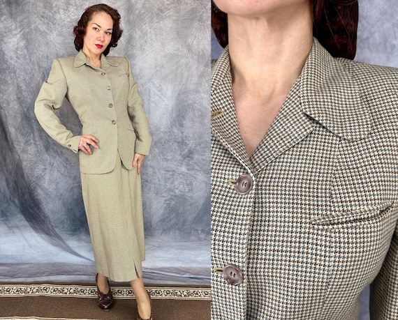 1940s Standing on Business Blazer & Skirt Set | Vintage 40s Houndstooth Wool Two Piece Womens Suit | Medium