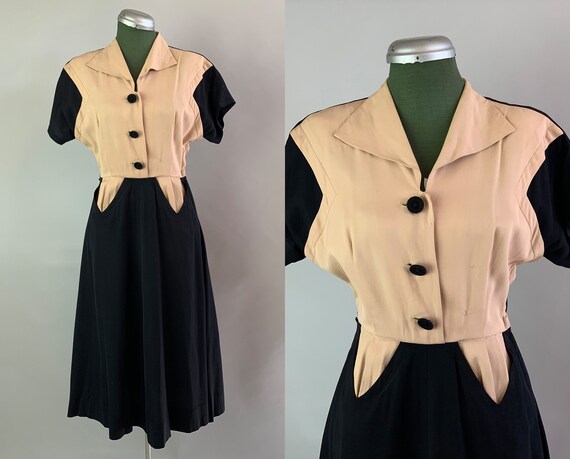 1940s Color Block Frock | Vintage 40s Wool Gabardi
