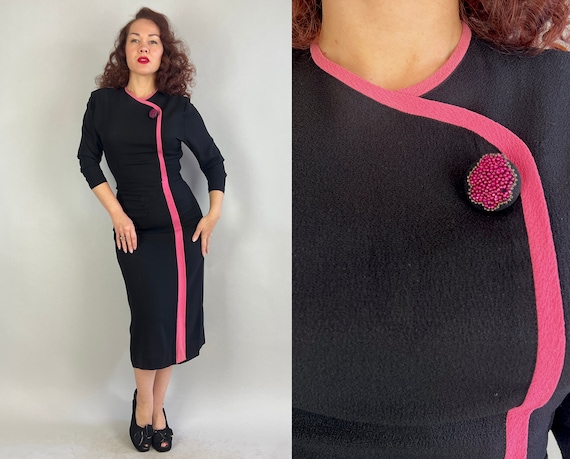 1940s Bette’s Not So Basic Black Dress | Vintage 40s Noir Rayon Crepe Frock with Hot Pink Asymmetric Stripe and Beaded Button | Medium