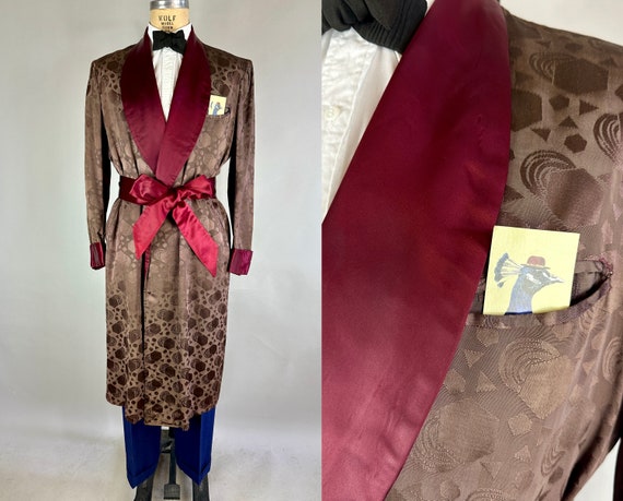 1940s Charming Charles Smoking Jacket | Vintage 40s “Royal Robes” Brown & Red Rayon Brocade Shawl Lapel Lounge Dressing Robe | Medium/Large