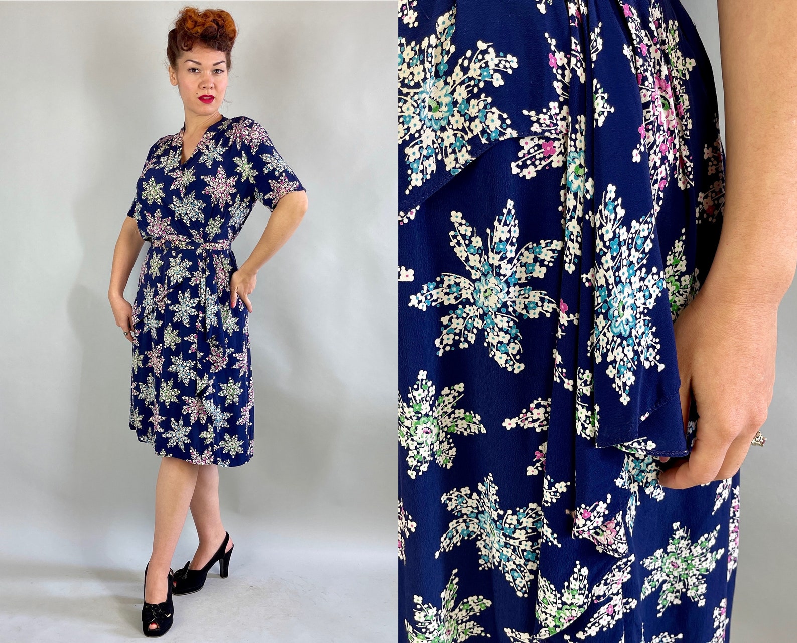 1940s Floral Snowflake Frock Vintage 40s Navy Blue Rayon | Etsy