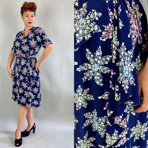 1940s Floral Snowflake Frock Vintage 40s Navy Blue Rayon - Etsy