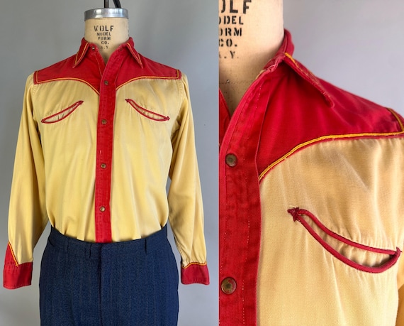 1950s Western Roundup Shirt | Vintage 50s Two Tone Red and Yellow Cotton Snap Up Cowboy Top with Curved Pockets & Snap Cuffs | Small