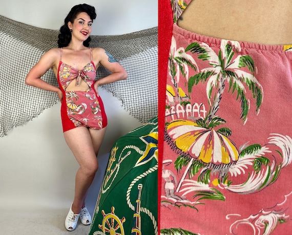 1940s Peek a Boo Pinup Bathing Suit | Vintage 40s Red Knit and Pink Green Yellow & White Palm Print Cotton Midriff Cutout Swimsuit | Large