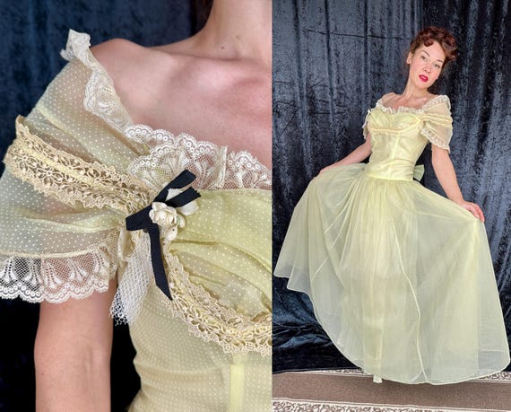 1950s Sunny Sweetheart Tea Party Dress | Vintage 50s Pale Yellow Swiss Dot Sleeveless Gown with Lace Trim | Small Medium